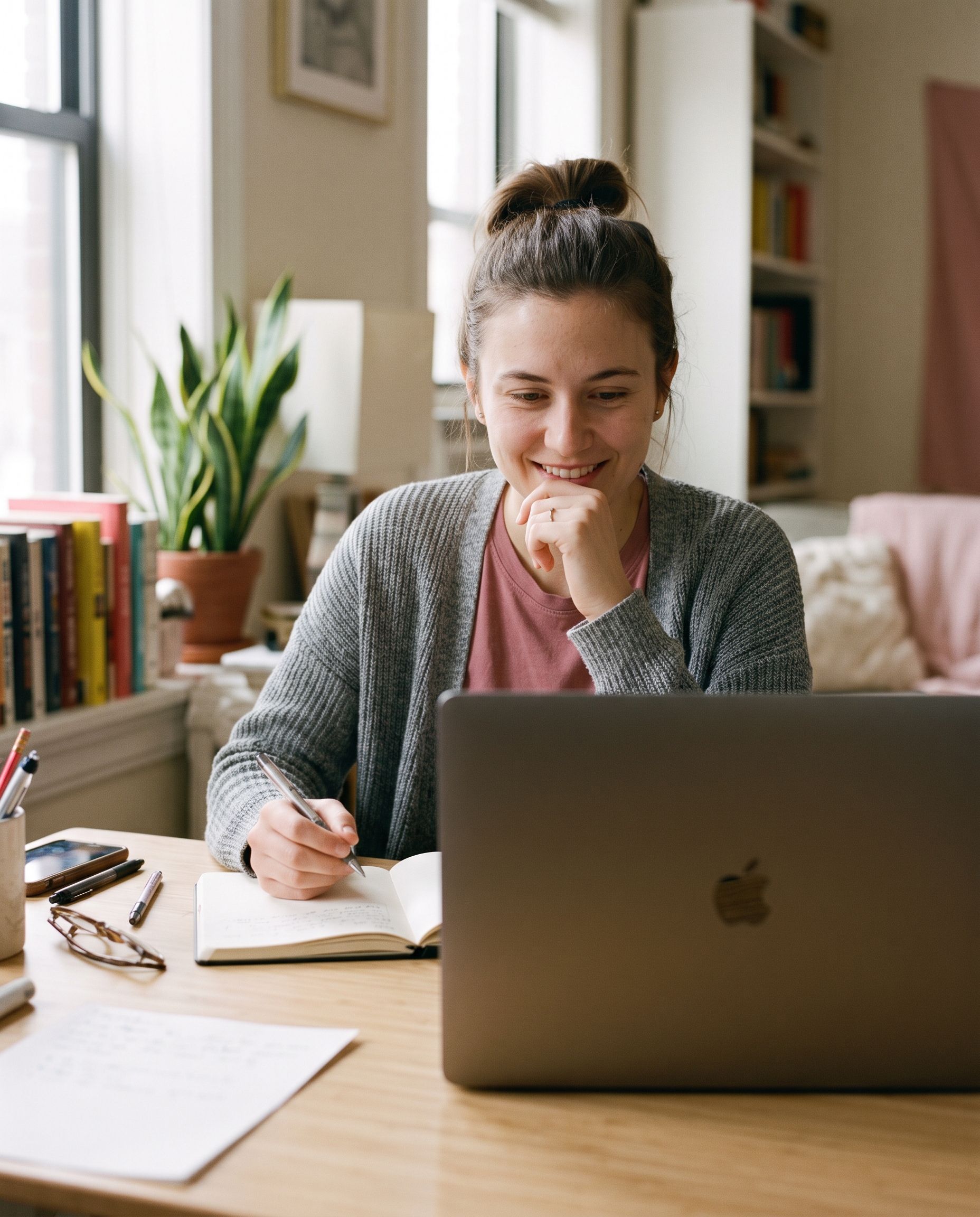 A young woman smiling as she works at her laptop with a notebook open beside her